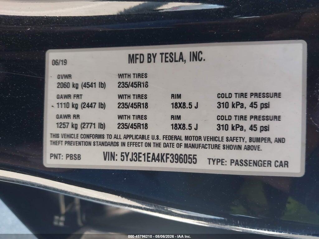5YJ3E1EA4KF396055 2019 TESLA MODEL 3 photo no. 9