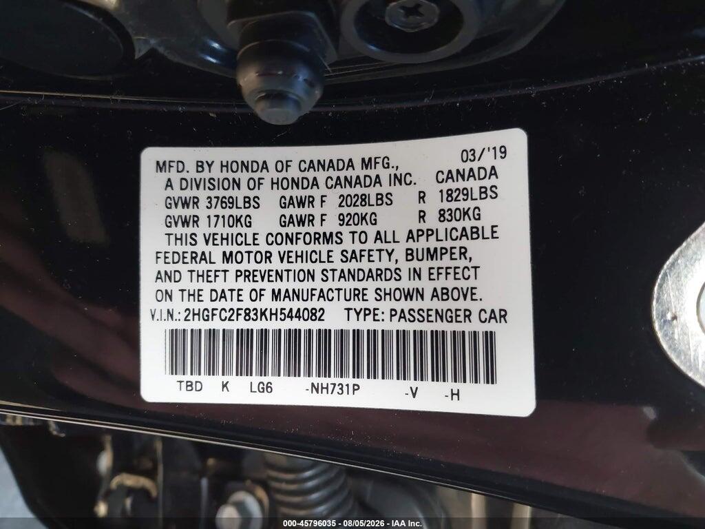2HGFC2F83KH544082 2019 HONDA CIVIC photo no. 9