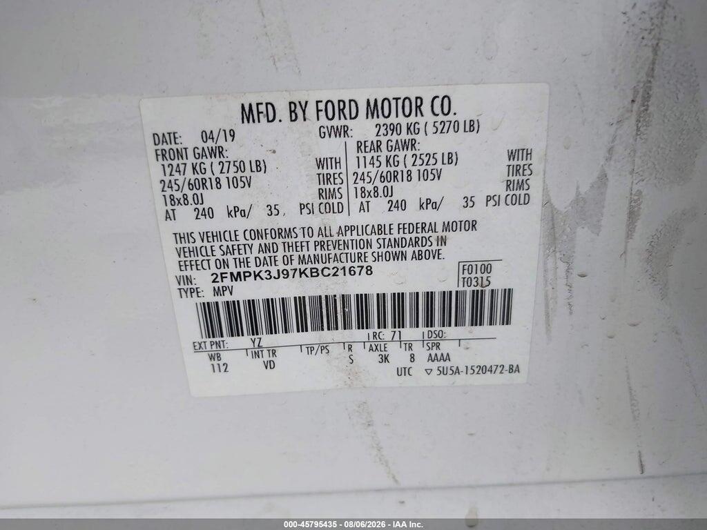 2FMPK3J97KBC21678 2019 FORD EDGE photo no. 9