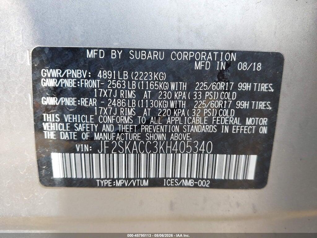 JF2SKACC3KH405340 2019 SUBARU FORESTER photo no. 9