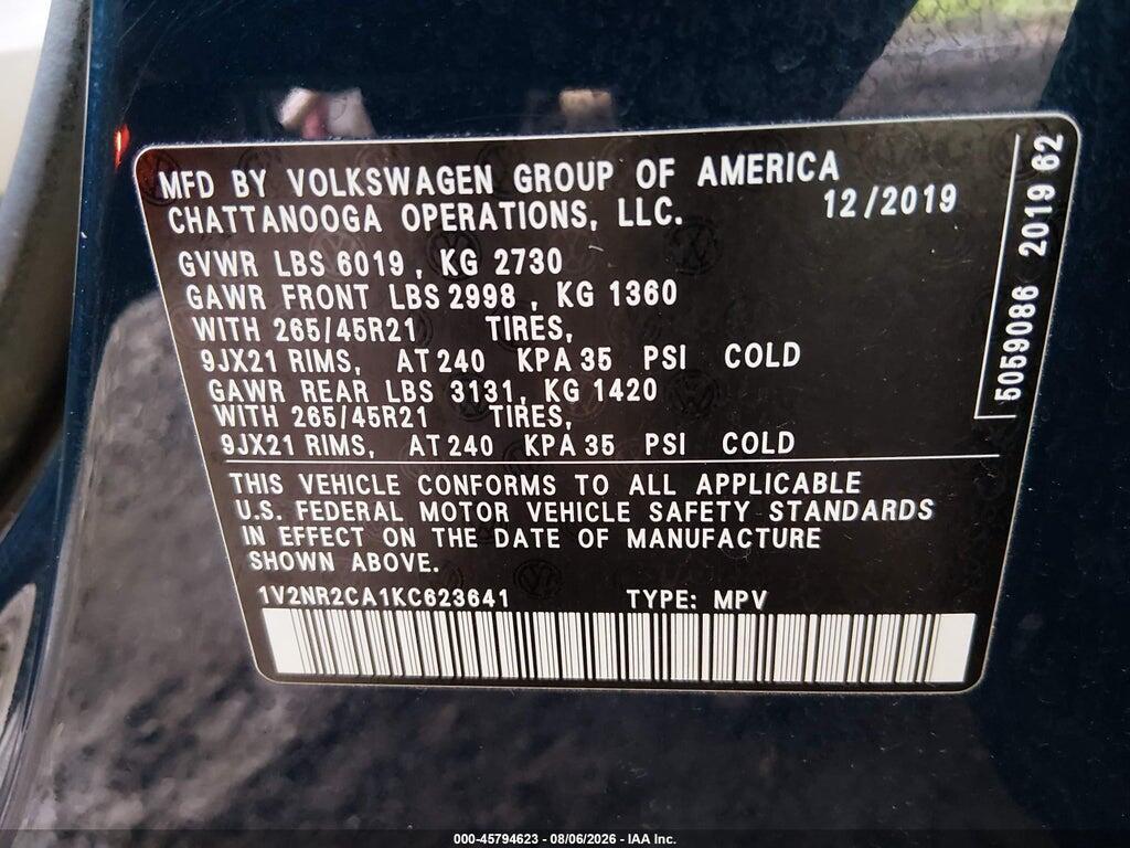 1V2NR2CA1KC623641 2019 VOLKSWAGEN ATLAS photo no. 9