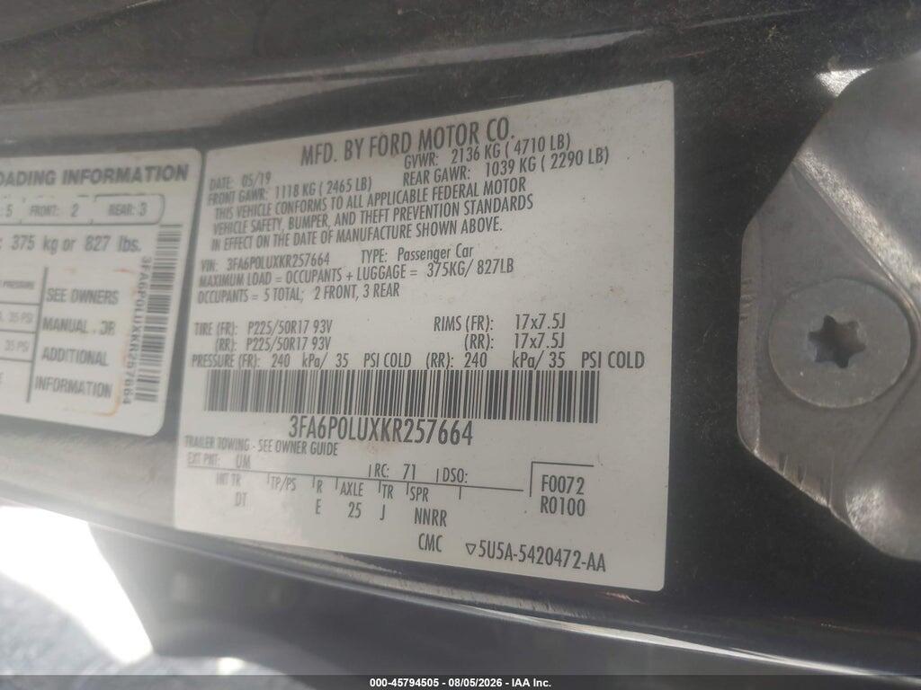 3FA6P0LUXKR257664 2019 FORD FUSION HYBRID photo no. 9