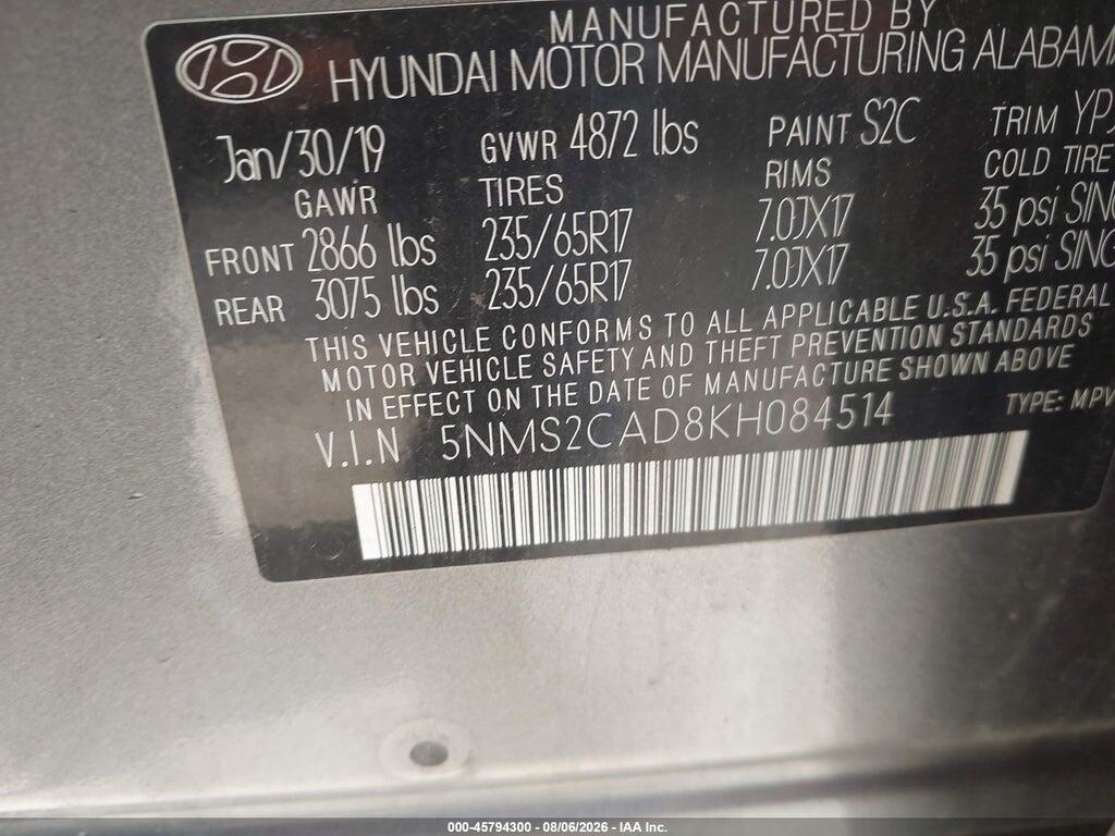 5NMS2CAD8KH084514 2019 HYUNDAI SANTA FE photo no. 9
