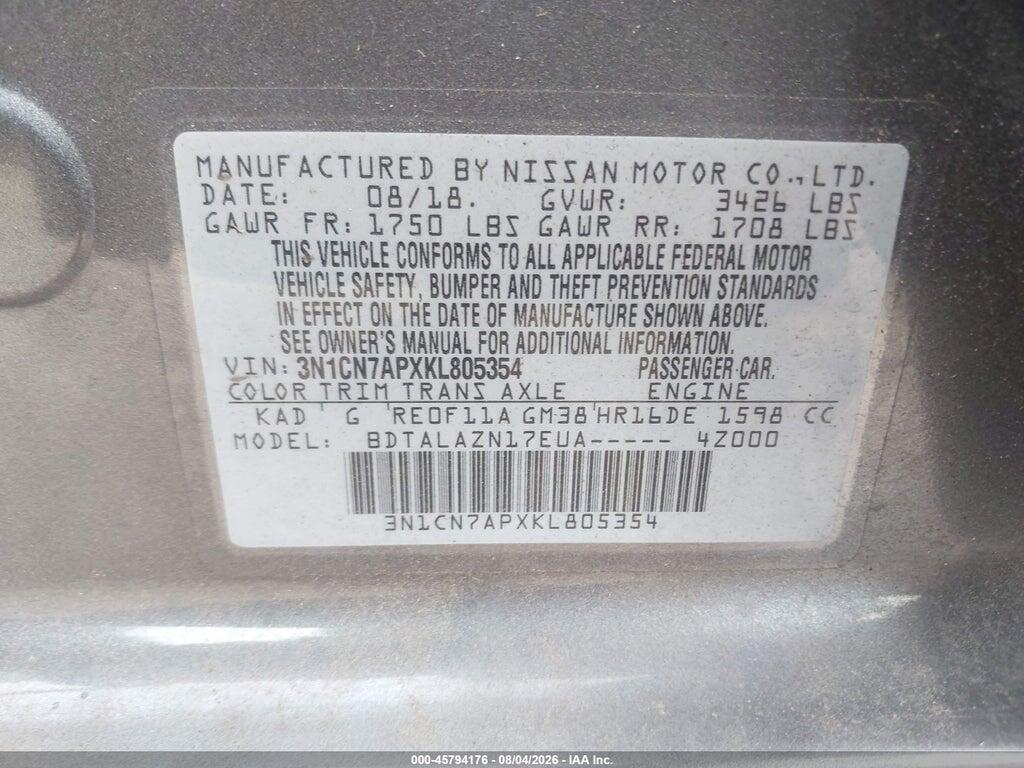 3N1CN7APXKL805354 2019 NISSAN VERSA photo no. 9