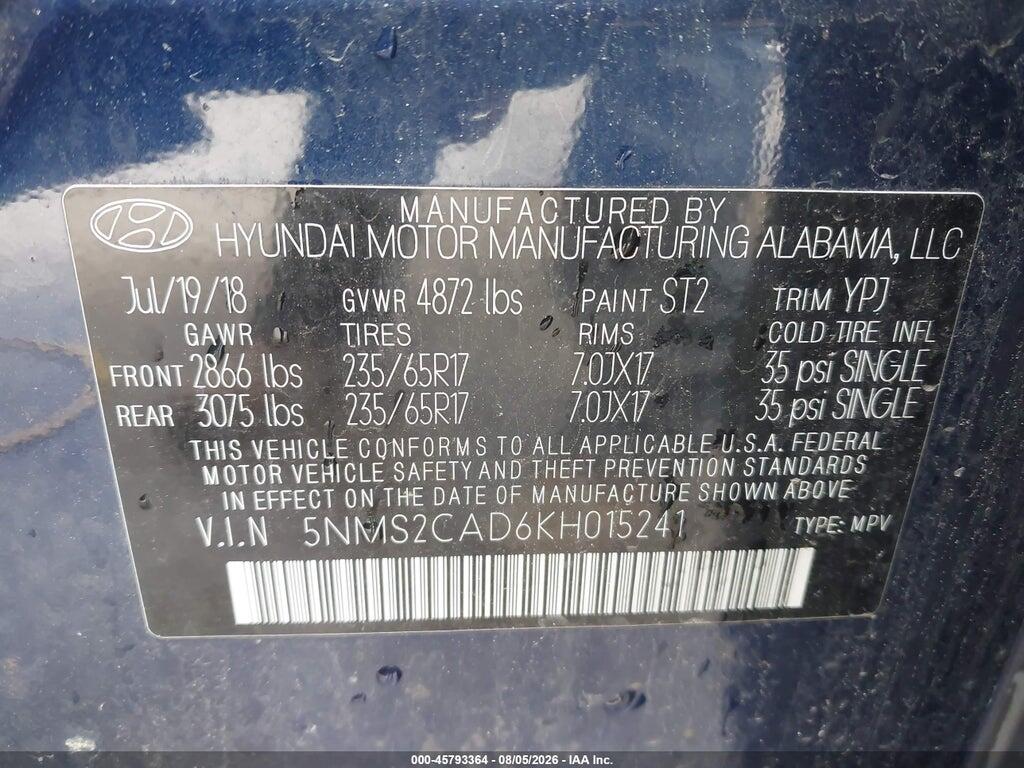 5NMS2CAD6KH015241 2019 HYUNDAI SANTA FE photo no. 9
