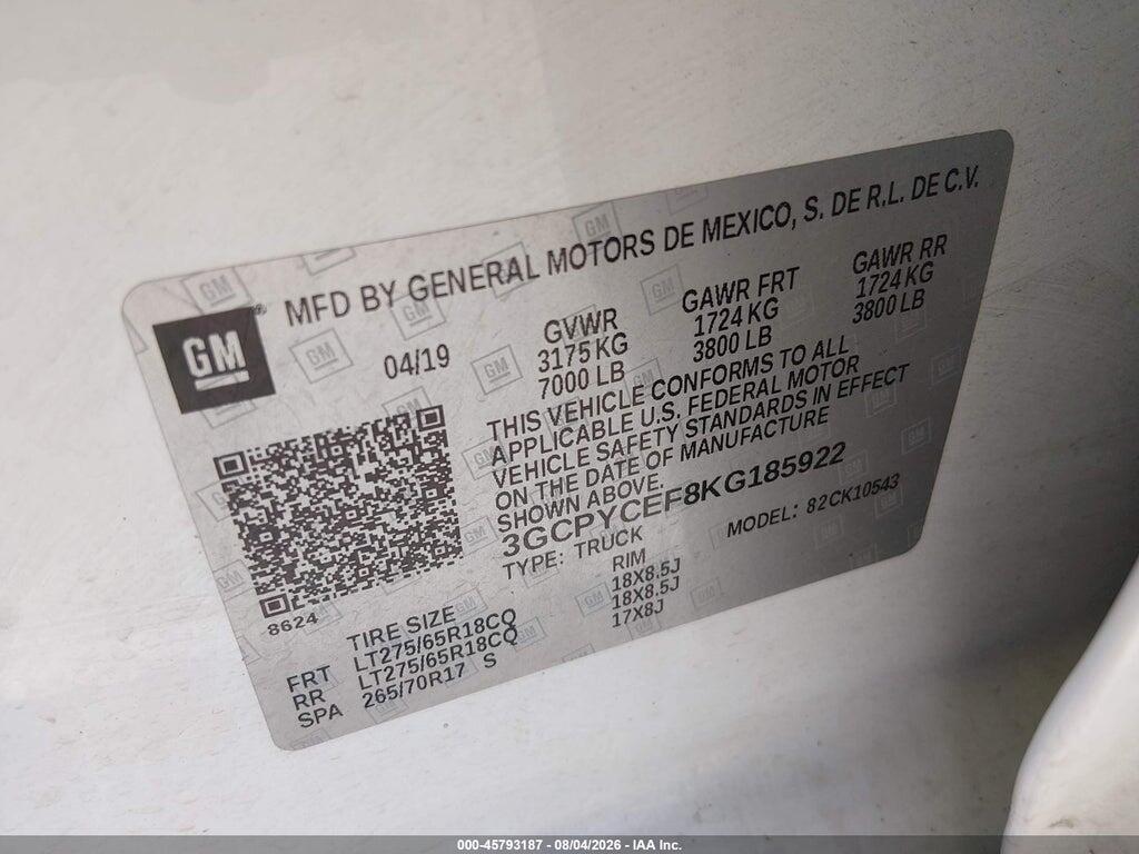 3GCPYCEF8KG185922 2019 CHEVROLET SILVERADO 1500 photo no. 9