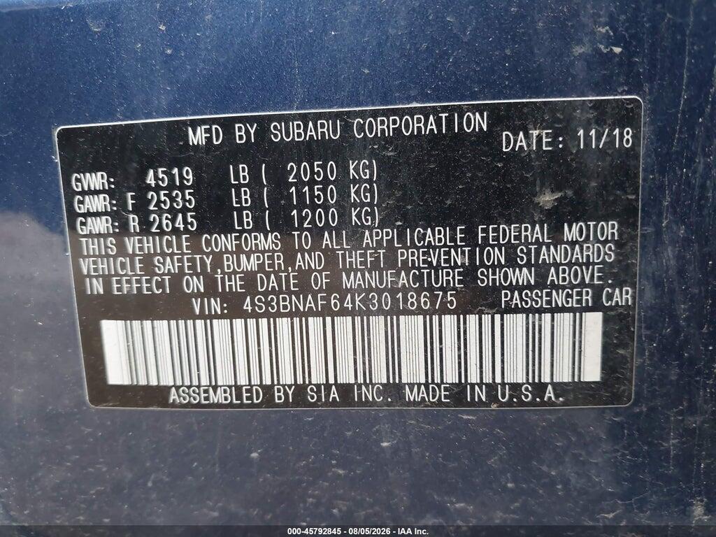 4S3BNAF64K3018675 2019 SUBARU LEGACY photo no. 9