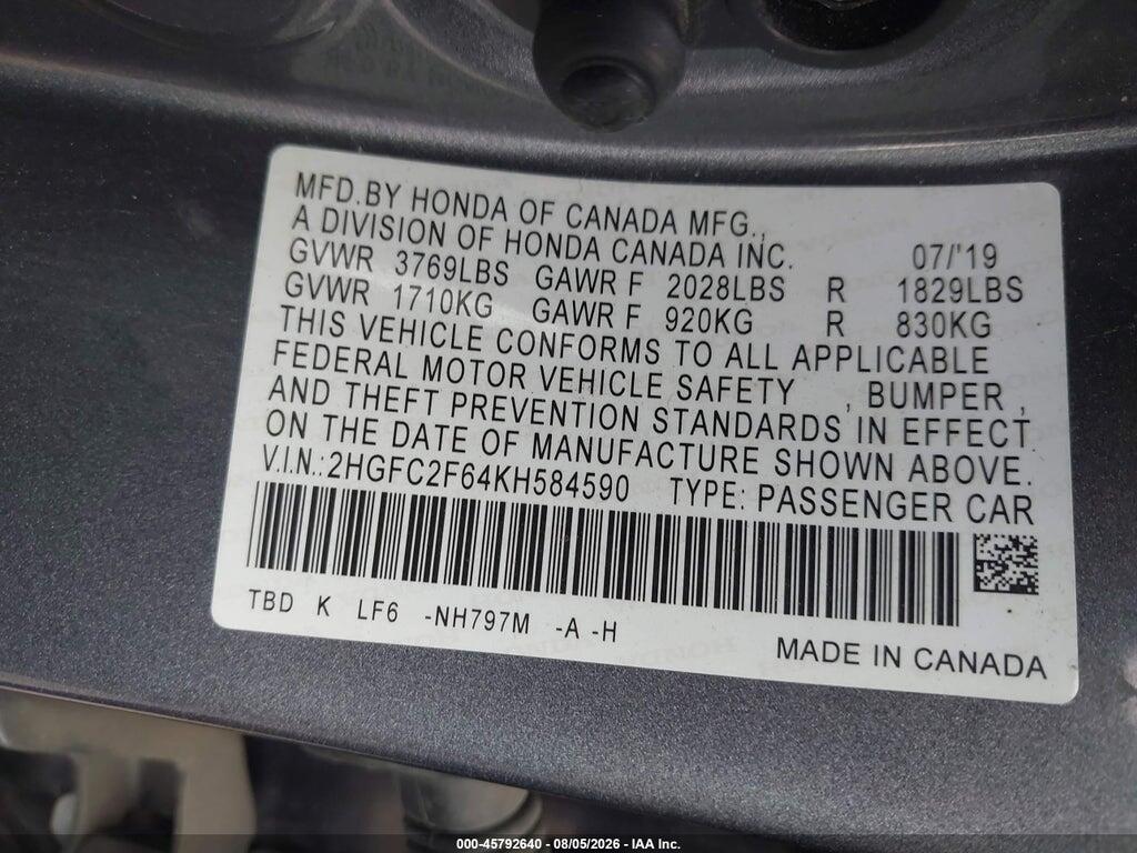 2HGFC2F64KH584590 2019 HONDA CIVIC photo no. 9