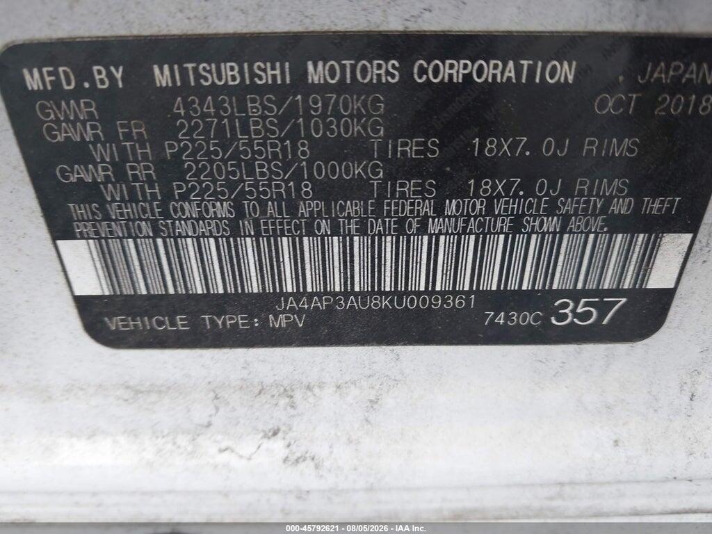 JA4AP3AU8KU009361 2019 MITSUBISHI OUTLANDER SPORT photo no. 9