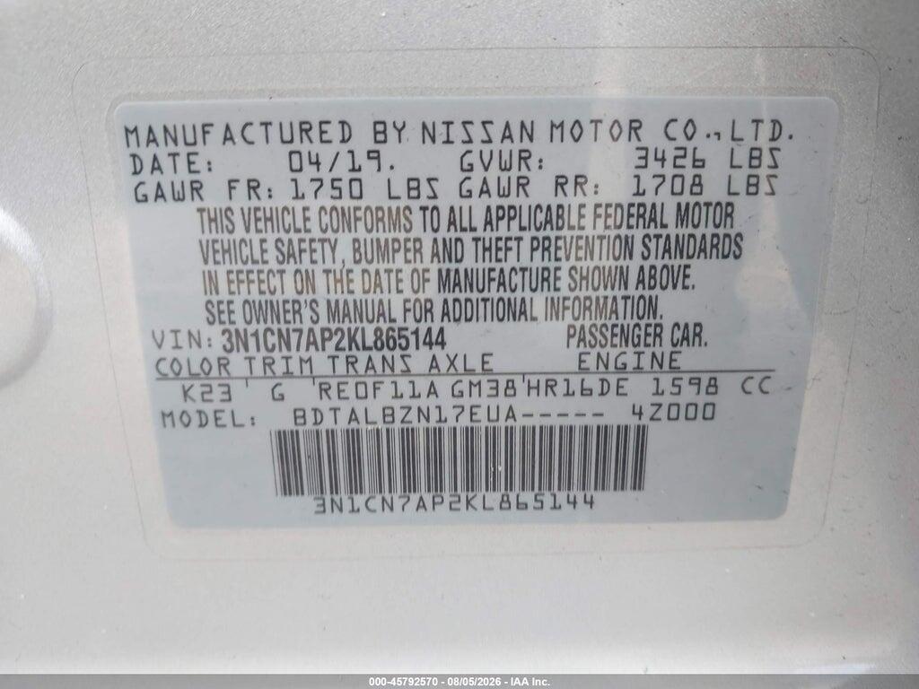 3N1CN7AP2KL865144 2019 NISSAN VERSA photo no. 9