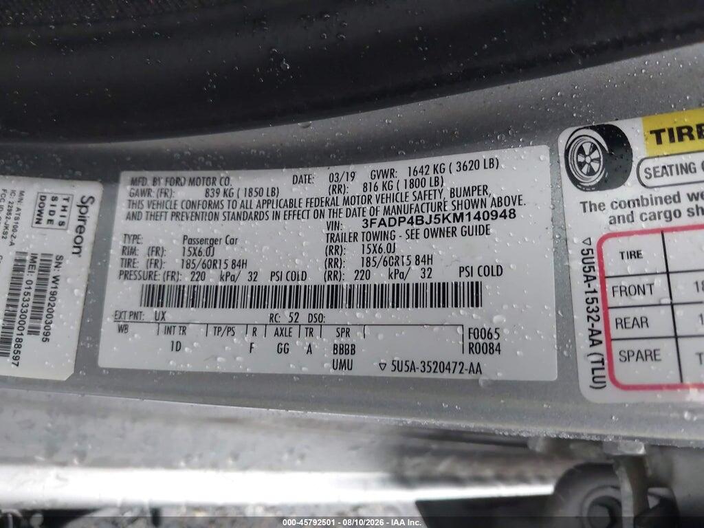 3FADP4BJ5KM140948 2019 FORD FIESTA photo no. 9