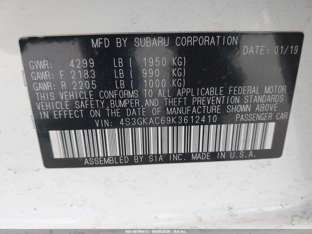 4S3GKAC69K3612410 2019 SUBARU IMPREZA photo no. 9
