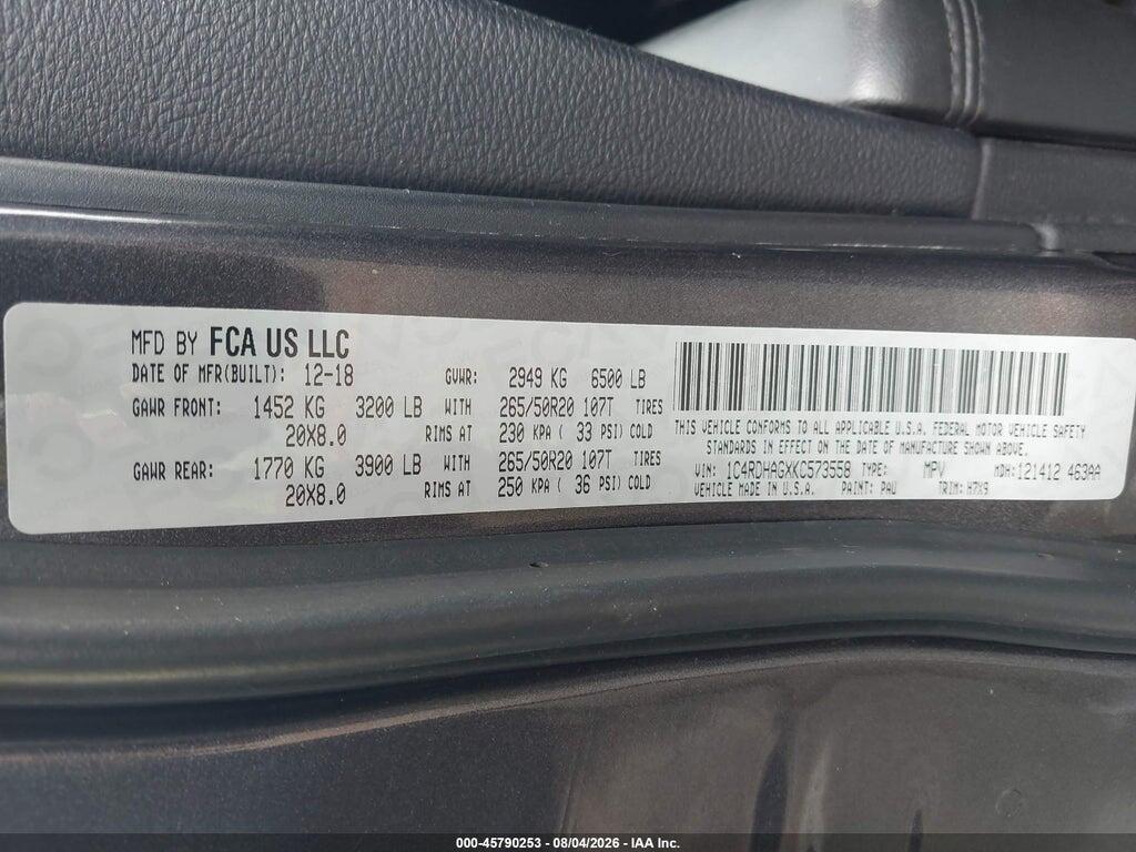 1C4RDHAGXKC573558 2019 DODGE DURANGO photo no. 9