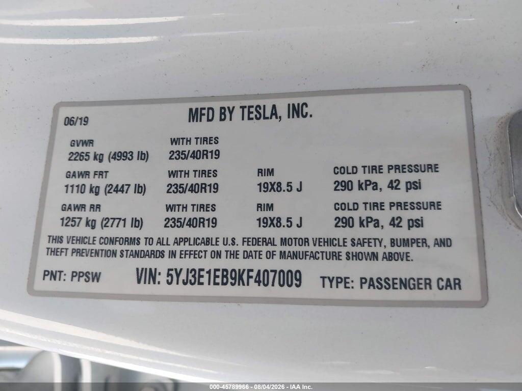 5YJ3E1EB9KF407009 2019 TESLA MODEL 3 photo no. 9