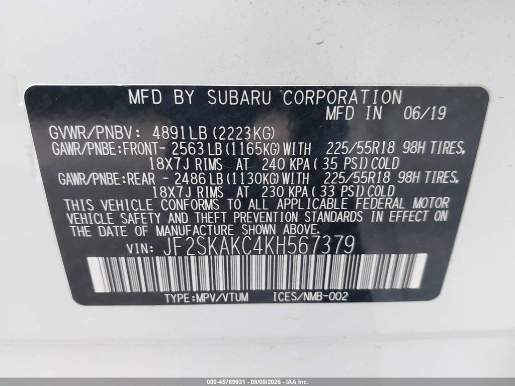 JF2SKAKC4KH567379 2019 SUBARU FORESTER photo no. 9