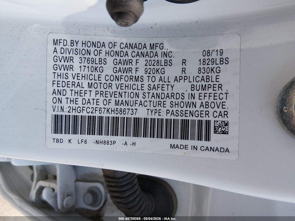 2HGFC2F67KH586737 2019 HONDA CIVIC photo no. 9