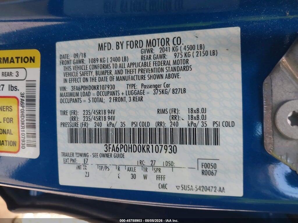 3FA6P0HD0KR107930 2019 FORD FUSION photo no. 9