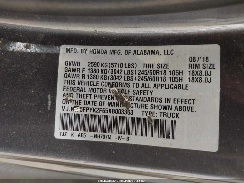 5FPYK2F65KB003363 2019 HONDA RIDGELINE photo no. 9