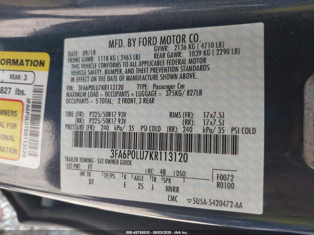 3FA6P0LU7KR113120 2019 FORD FUSION HYBRID photo no. 9
