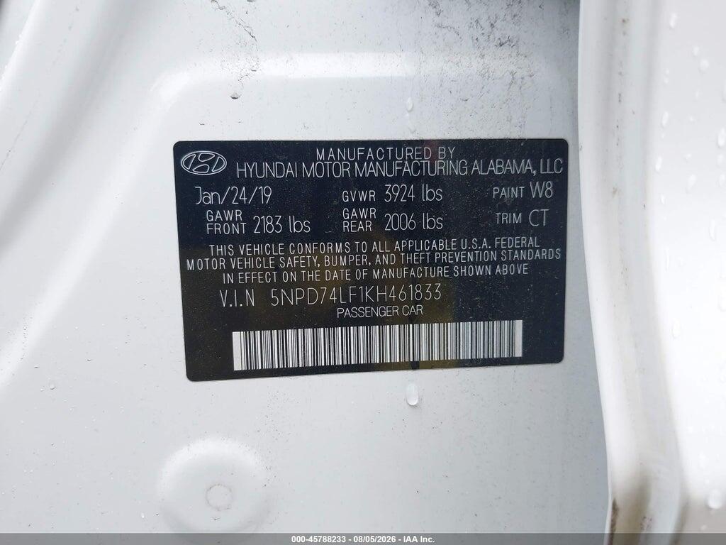 5NPD74LF1KH461833 2019 HYUNDAI ELANTRA photo no. 9