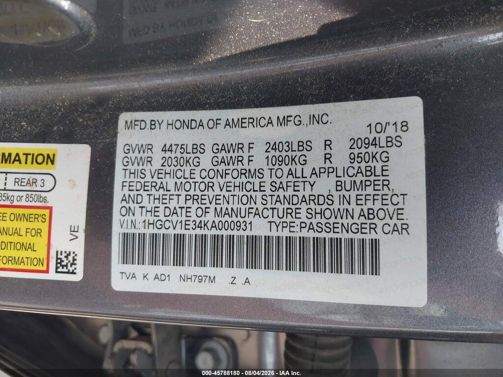 1HGCV1E34KA000931 2019 HONDA ACCORD photo no. 9