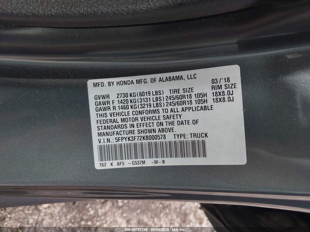 5FPYK3F72KB000578 2019 HONDA RIDGELINE photo no. 9