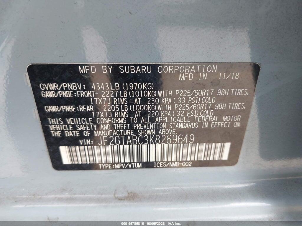 JF2GTABC3K8269649 2019 SUBARU CROSSTREK photo no. 9