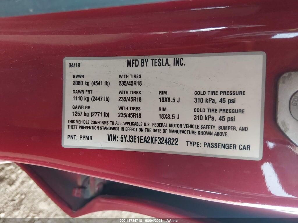 5YJ3E1EA2KF324822 2019 TESLA MODEL 3 photo no. 9