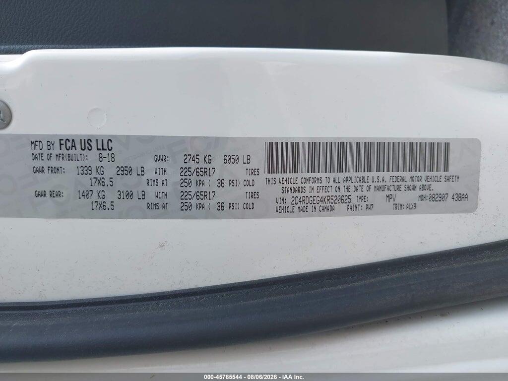 2C4RDGEG4KR520625 2019 DODGE GRAND CARAVAN photo no. 9