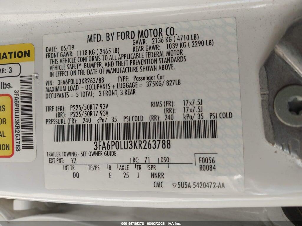 3FA6P0LU3KR263788 2019 FORD FUSION HYBRID photo no. 9