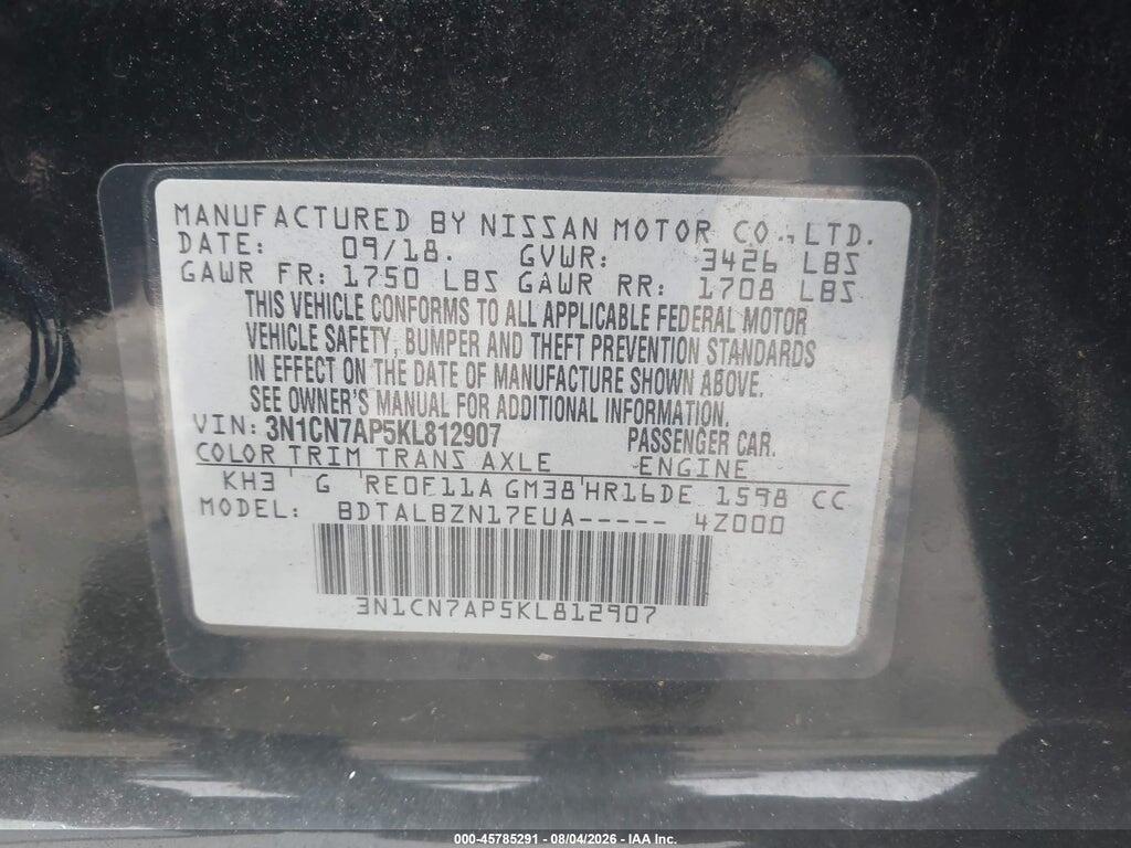 3N1CN7AP5KL812907 2019 NISSAN VERSA photo no. 9