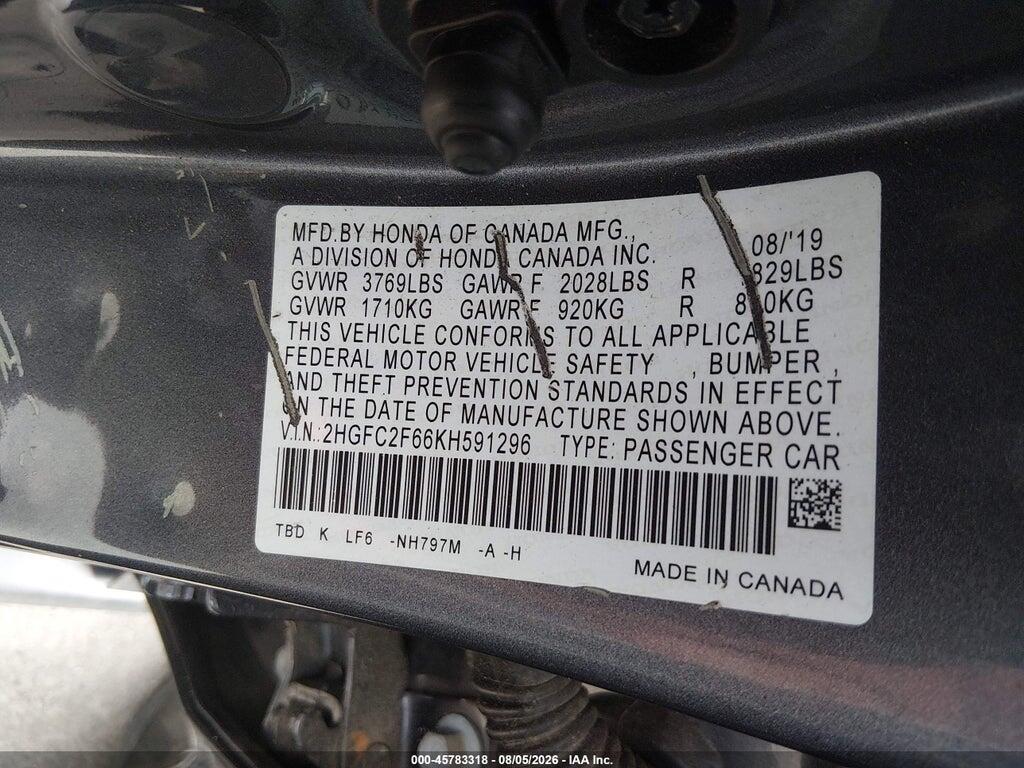 2HGFC2F66KH591296 2019 HONDA CIVIC photo no. 9