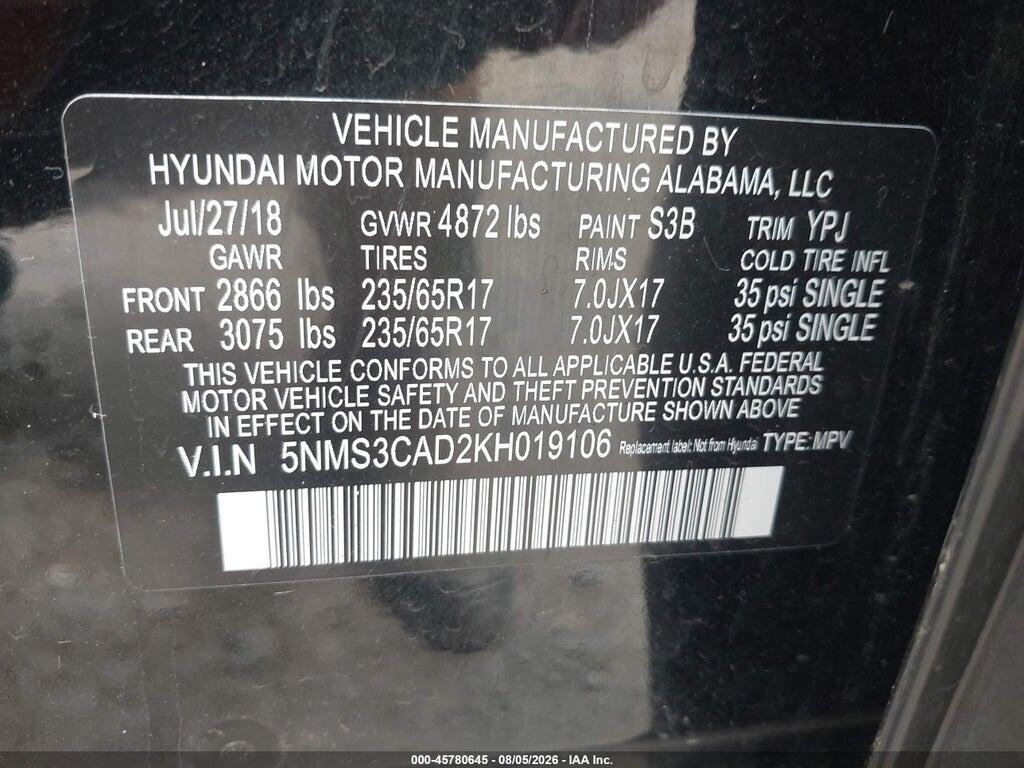 5NMS3CAD2KH019106 2019 HYUNDAI SANTA FE photo no. 9