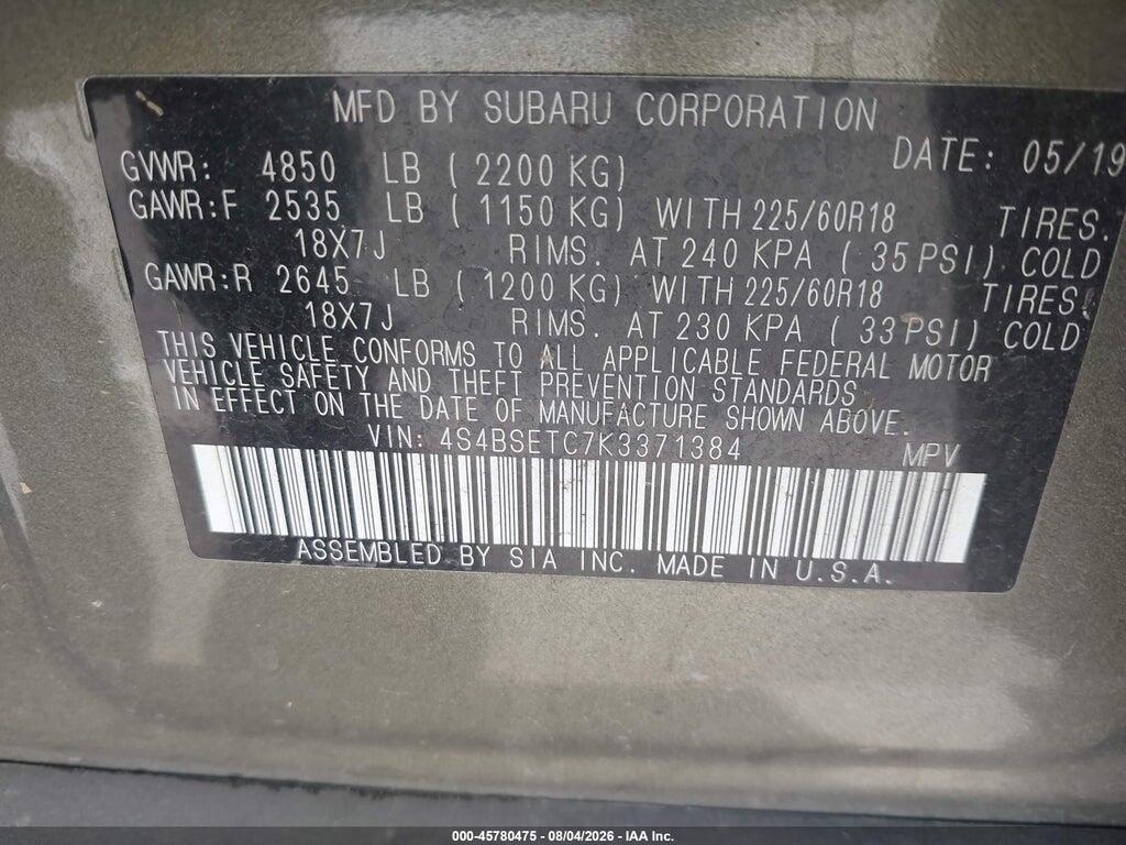 4S4BSETC7K3371384 2019 SUBARU OUTBACK photo no. 9