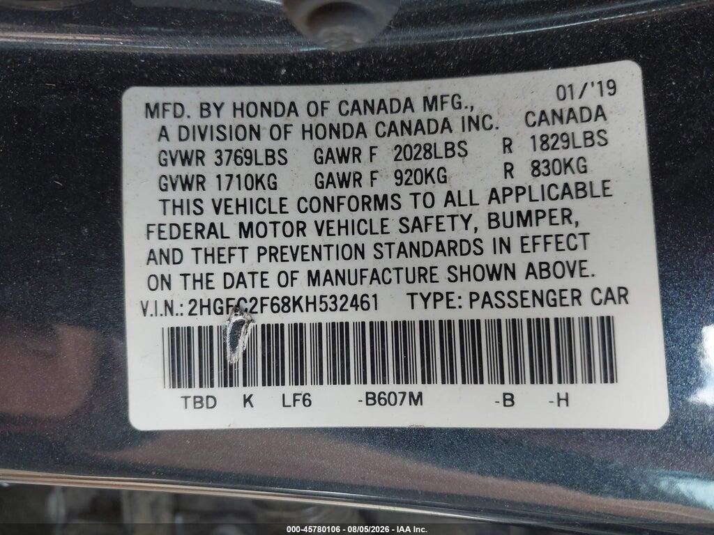 2HGFC2F68KH532461 2019 HONDA CIVIC photo no. 9