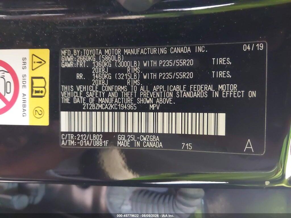 2T2BZMCA2KC194965 2019 LEXUS RX 350 photo no. 9