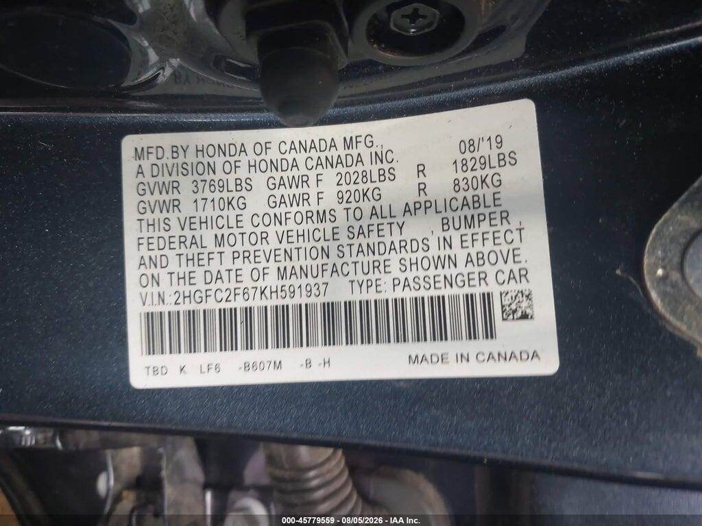 2HGFC2F67KH591937 2019 HONDA CIVIC photo no. 9