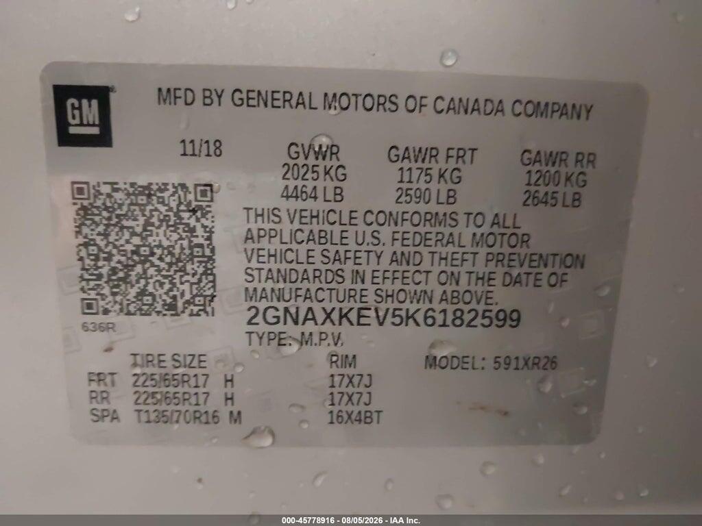 2GNAXKEV5K6182599 2019 CHEVROLET EQUINOX photo no. 9