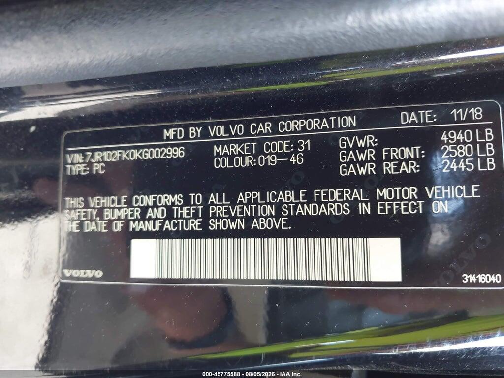 7JR102FK0KG002996 2019 VOLVO S60 photo no. 9