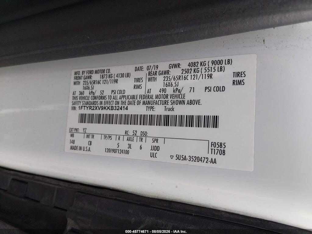 1FTYR2XV9KKB32414 2019 FORD TRANSIT-250 photo no. 9