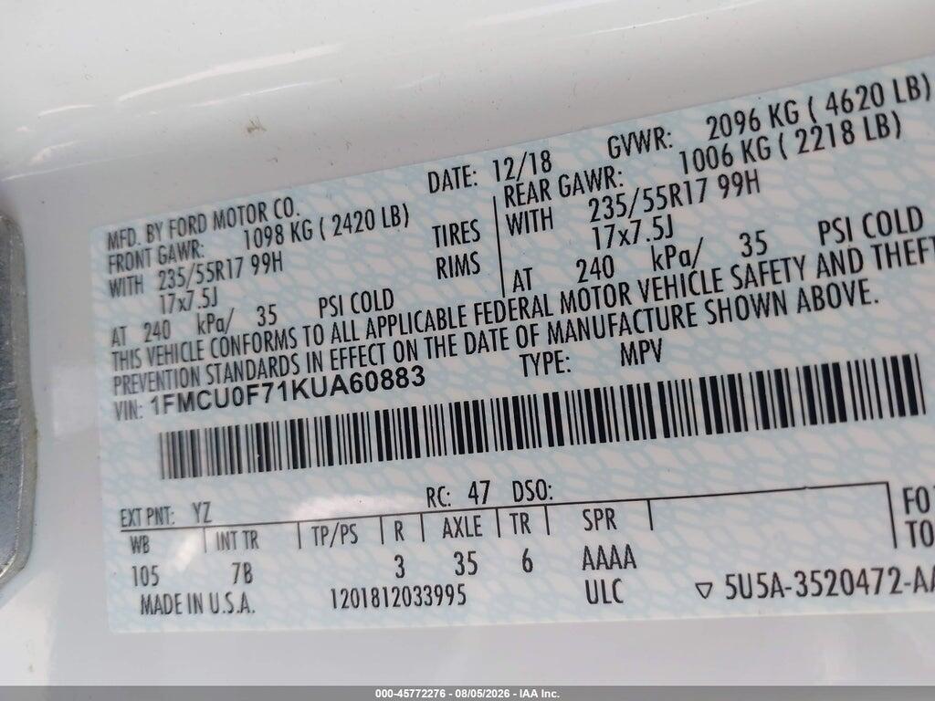 1FMCU0F71KUA60883 2019 FORD ESCAPE photo no. 9