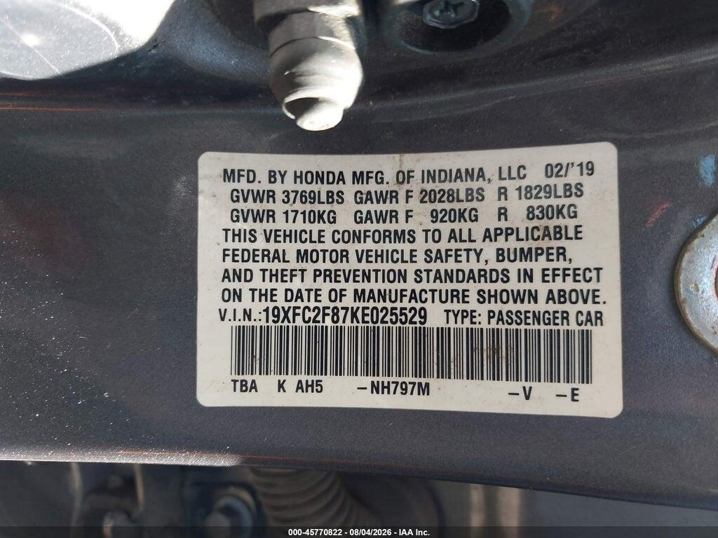 19XFC2F87KE025529 2019 HONDA CIVIC photo no. 9
