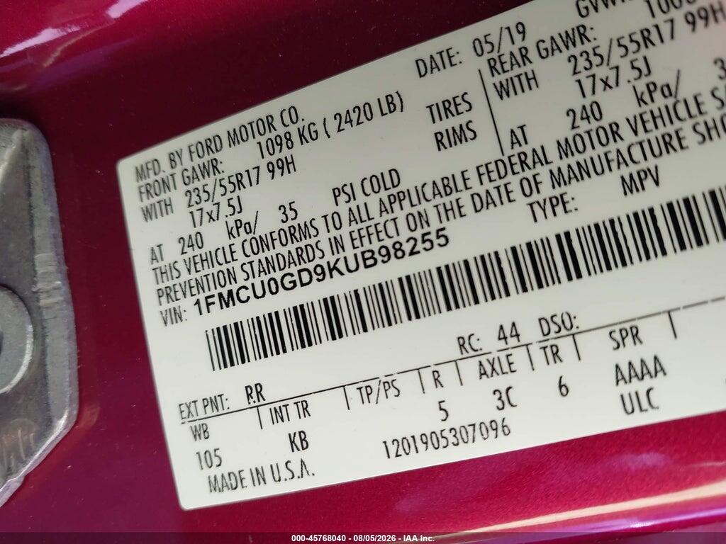 1FMCU0GD9KUB98255 2019 FORD ESCAPE photo no. 9