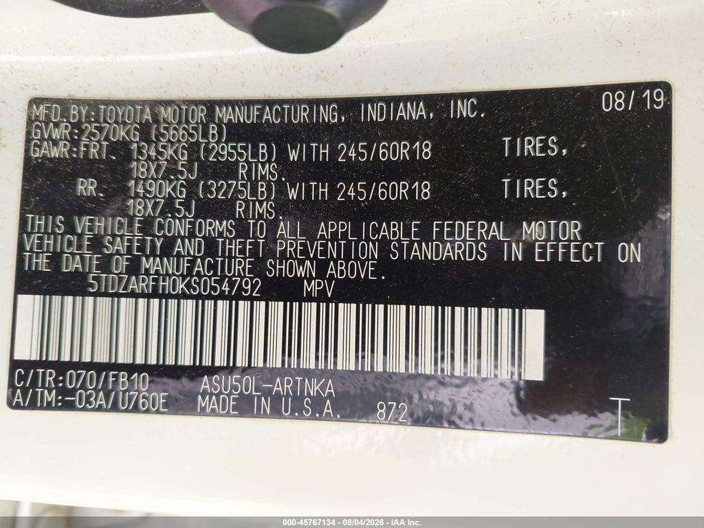 5TDZARFH0KS054792 2019 TOYOTA HIGHLANDER photo no. 9