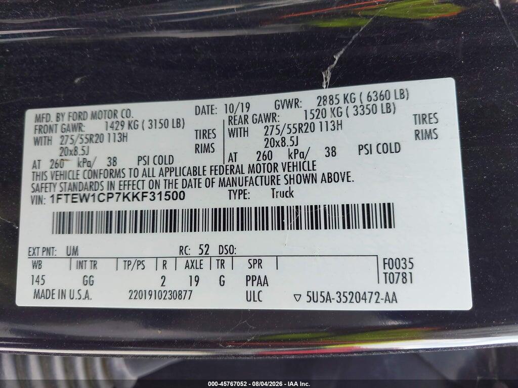 1FTEW1CP7KKF31500 2019 FORD F-150 photo no. 9