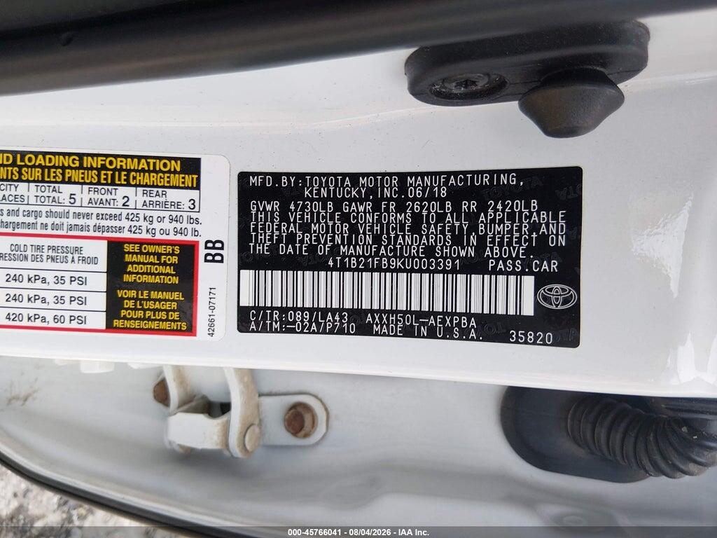 4T1B21FB9KU003391 2019 TOYOTA AVALON HYBRID photo no. 9