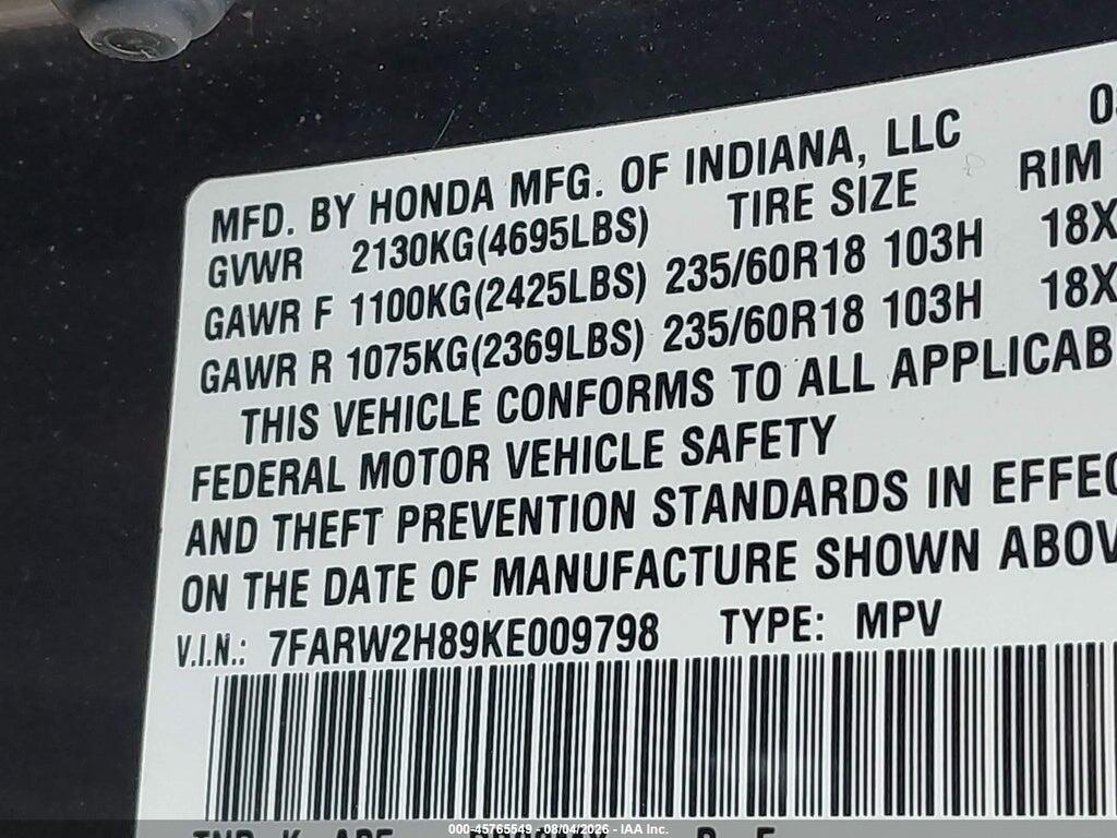 7FARW2H89KE009798 2019 HONDA CR-V photo no. 9