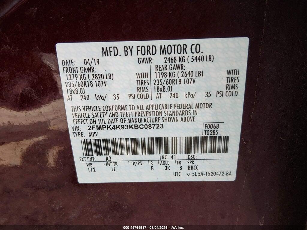 2FMPK4K93KBC08723 2019 FORD EDGE photo no. 9