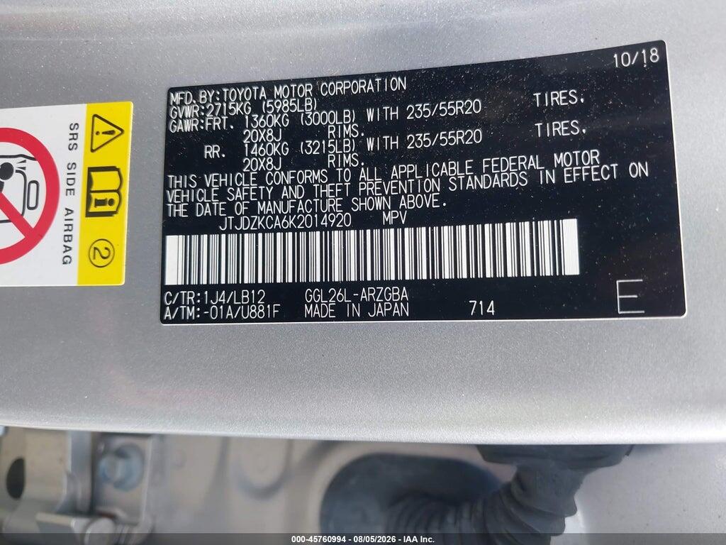 JTJDZKCA6K2014920 2019 LEXUS RX 350L photo no. 9