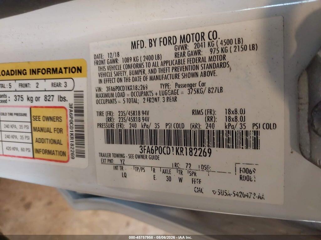 3FA6P0CD1KR182269 2019 FORD FUSION photo no. 9